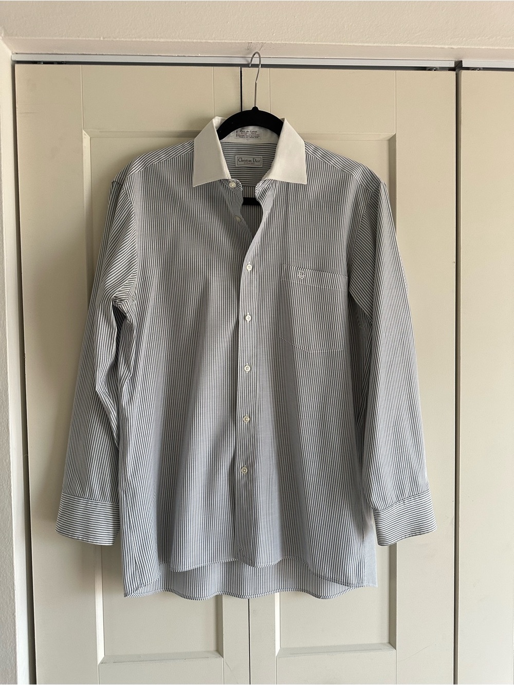 Dior Men's Blue Pinstripe Dress Shirt with White Contrast Collar
